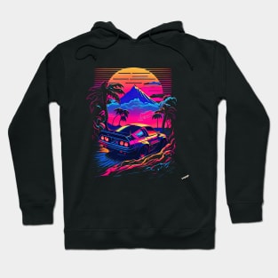 Car with a view on Mount Fuji Synthwave Vaporwave Hoodie